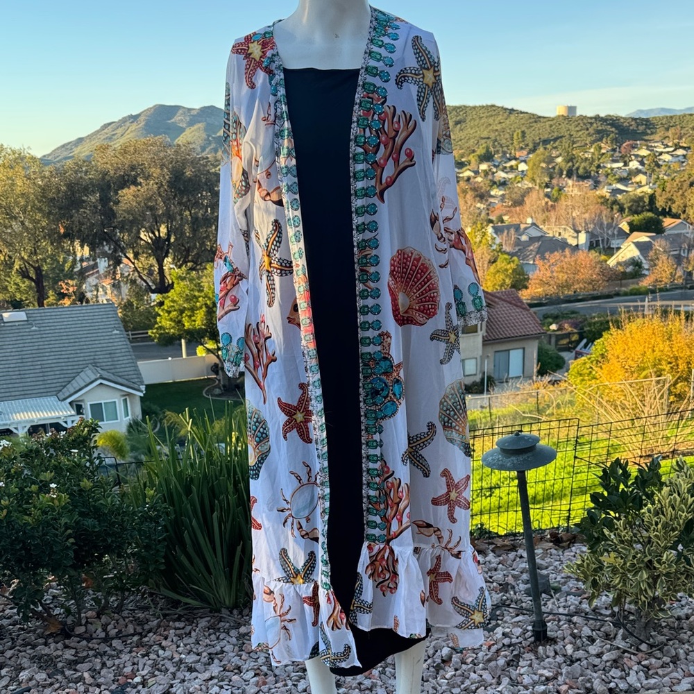 Palm beach anees Starfish Ruffle Duster Floral Coral Print Swim Coverup